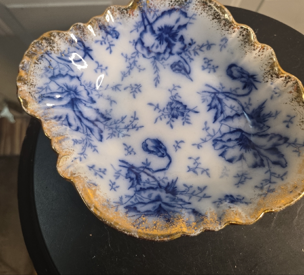 Antique Warwick China Flow Blue Floral Porcelain Trinket Dish with Gold Rim - Picture 11 of 14